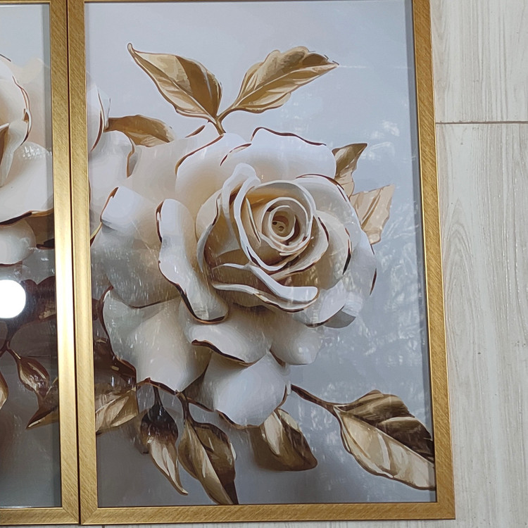 تابلو دکوراتیو طرح سه بعدی گل سفید وطلایی شیک سه تکه